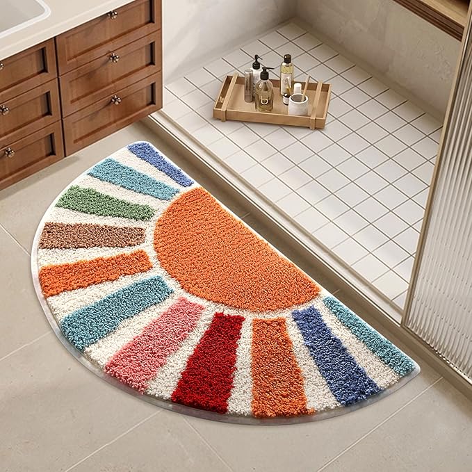 Boho Bathroom Rugs Cute Half Circle Bath Mat 20x37 Inch, Soft and Absorbent Tufted Bohemian Sun Bath Mat Non Slip Washable, Boho Bathroom Decor Rug Colorful Decorations