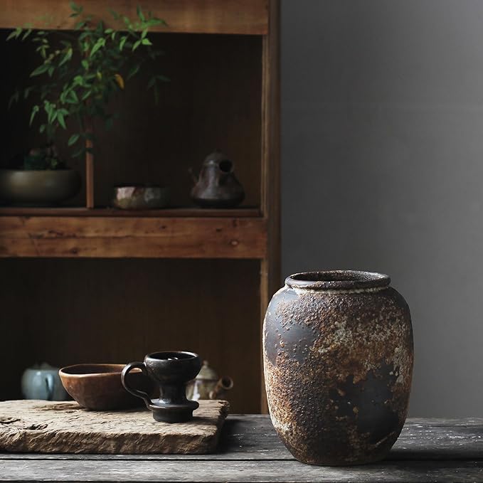 Denique Rustic Vase for Home Decor, Farmhouse Terracotta Vases, Large Ceramic Vase for Living Room Decor, Black Pottery Vase Large Clay Vase, Rustic Farmhouse Tabletop Decor(B-22cm)