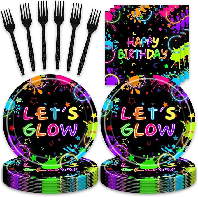 48pcs Neon Party Decoration Set,16 Dessert plate,16 Napkin And 16 Fork,16 persons Disposable tableware,Used Let Glow Birthday Party Supplies