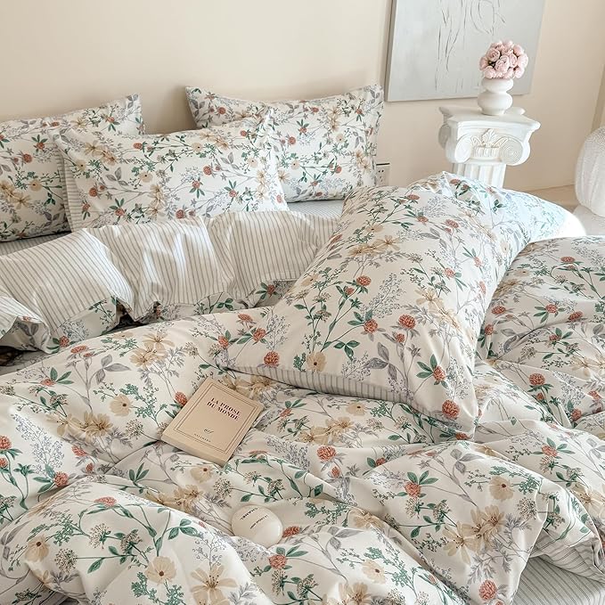 EAVD Garden Botanical Floral Duvet Cover Full White Soft 100% Cotton Flowers Leaves Pattern Bedding Set with 2 Pillowcases Reversible Black White Striped Comforter Cover with Zipper Closure