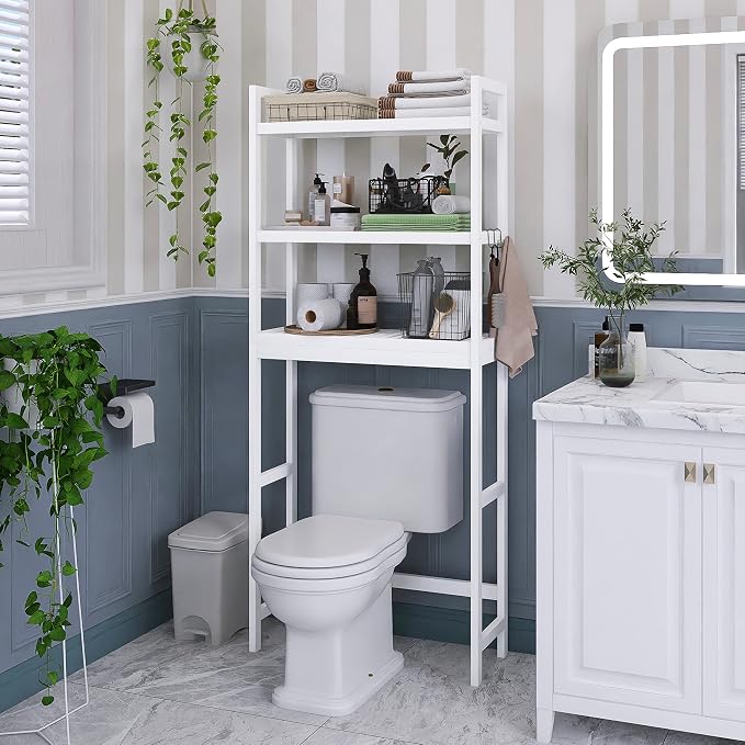 SMIBUY Bathroom Storage Shelf, Bamboo Over-The-Toilet Organizer Rack, Freestanding Toilet Space Saver with 3-Tier Adjustable Shelves (White)