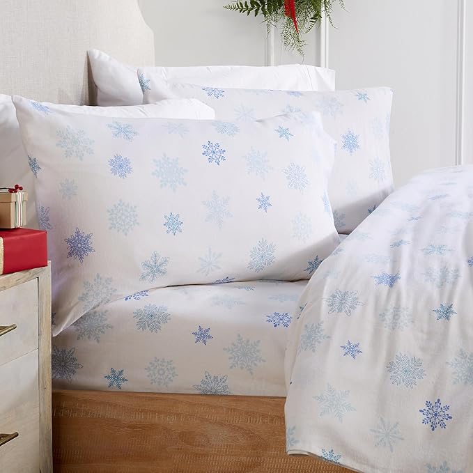 Market & Place 100% Turkish Cotton Flannel Sheet Set | 3 Piece Deep Pocket Novelty Cozy Winter Bed Sheets | Double Brushed for Extra Softness & Comfort | Alpine Collection (Twin, Blue Snowflake)