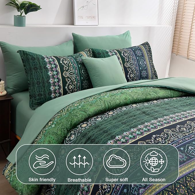 Boho Green Comforter Set Queen Size,8 Piece Bed in a Bag Bohemian Striped Bedding Quilt Set,Dark green Paisley Floral Comforter and Sheet Set,Soft Microfiber Complete Bedding Sets for All Season