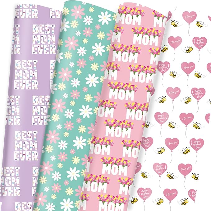 Altarho Mother's Day Wrapping Paper Sheet for Mom Women - Floral Best Mom Ever Words Design Folded Flat for Mother's Day Birthday Party - 20 Inch X 28 Inch Per Sheet(8 Sheets)