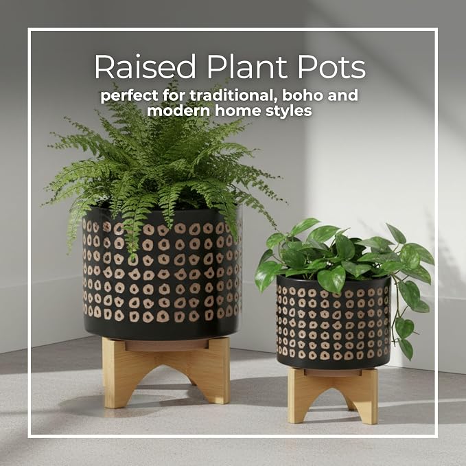 Set of 2 Ceramic Planters with Bamboo Stand Plant – Plant Stand Indoor Display Greenery, Living Room & Outdoor Decor – Aztec Pattern Planters for Collected Home Decor – 10.5" & 7.75"– Brown Black