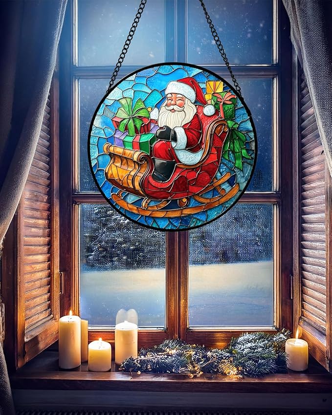 Stained Glass Window Hanging - Red Santa Claus Gift Box Suncatcher for Doors Home Christmas Decoration Winter Sun Catcher Thanksgiving New Year Birthday Gift for Women Men Mom Nana 9.8 in