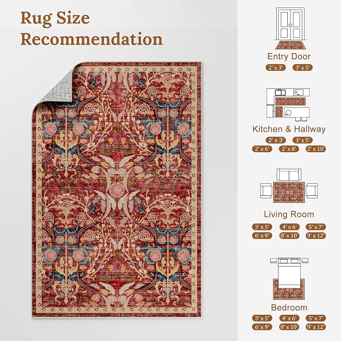 AMTOVO 2.7x8 Runner Rug for Hallway, Washable Non-Slip Long Kitchen Carpet, Floral Vintage Distressed Floor Mat for Hallways Entryway Living Room Laundry Room Bathroom Farmhouse, Red