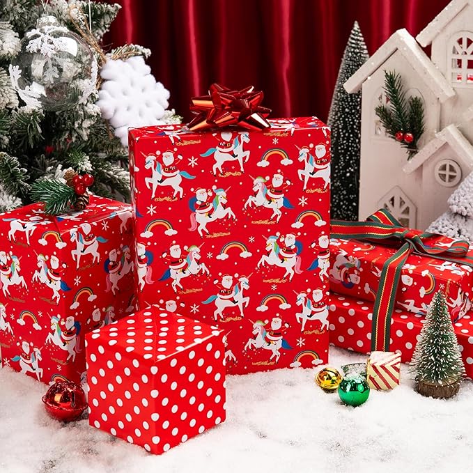 MAYPLUSS Christmas Wrapping Paper Roll - 17 Inch X 33 Feet - Reversible Fairytale Christmas Red Unicorn, Santa Claus, Rainbow, Polka Dot Design Holiday Winter Gift Wrap for Wedding, Party,Celebration