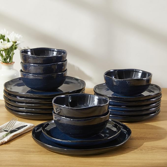 Pokini 18 Piece Stoneware Dish Set for 6, Reactive Glaze Ceramic Plates and Bowls Set | Coastal‑Inspired Irregular Design for Casual Entertaining & Intimate Dinners | Dishwasher & Microwave Safe