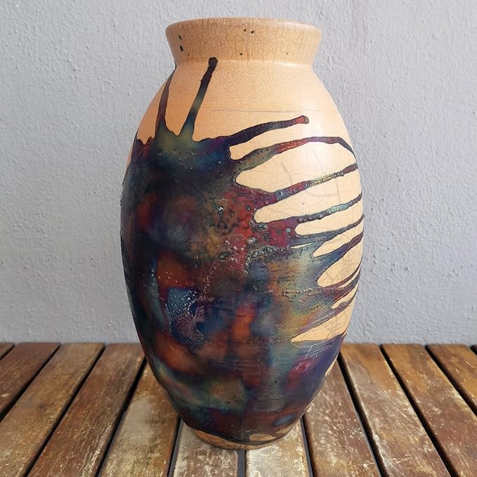 RAAQUU Large Oval Ceramic Half Copper Matte Vase S/N0000490 13.5" Raku Clay Pottery Handcrafted Art Home Décor Table Centerpiece Unique Gift for Her, Mom