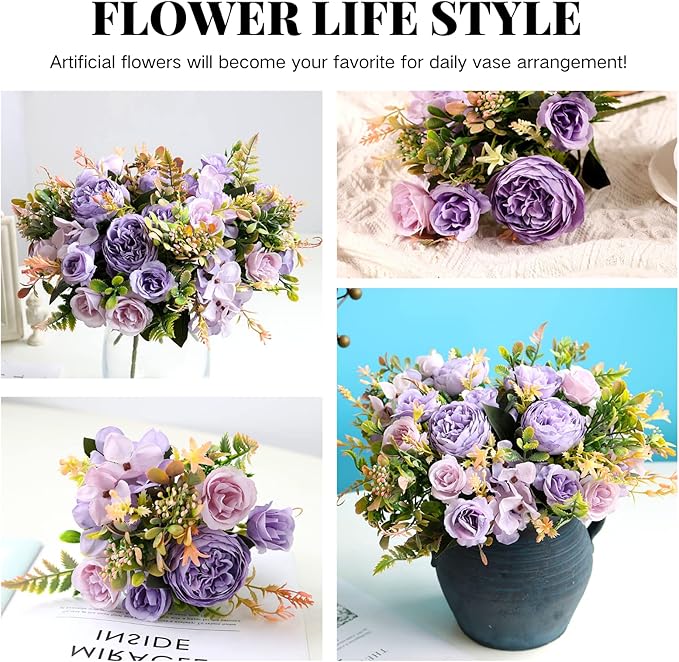 ASTRYAS Artificial Flowers, Peonies Artificial for Decoration Small Silk Flowers Bouquet Artificial Purple Peony for Wedding Party Cake Home Décor (Purple)