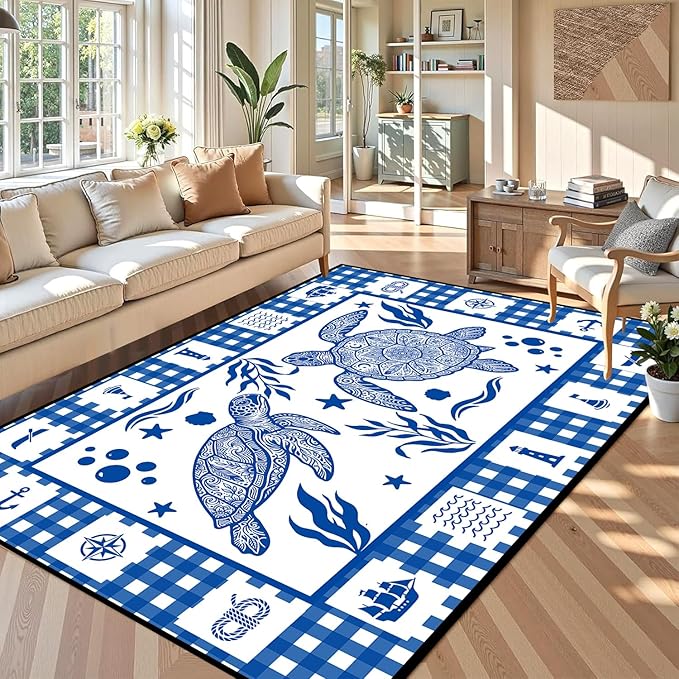 Sea Turtle Rug Coastal Ocean Print Floor Mat Blue and White Plaid Area Rug for Bedroom Living Room Nursery Kitchen Playroom Home Decor Non-Slip Washable Carpet,6'x9'