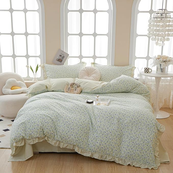 Green Floral Ruffle Comforter Set Queen Girls Cute Blue Flowers Comforter Fluffy Soft Cottagecore Bedding Set Vintage Botanical Comforter with 2 Pillowcases Romantic Lace Boho Bed Comforter Set