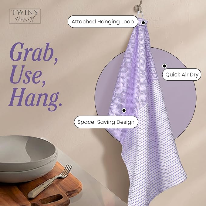 TWINY threads Kitchen Towel Diamond Pattern, Premium Large Kitchen Linen Set, 100% Cotton Wash Rags, Absorbent Quick Drying Cloths, Washable Reusable Multi Purpose, Set of 4, 18x26 Inches, Lavender