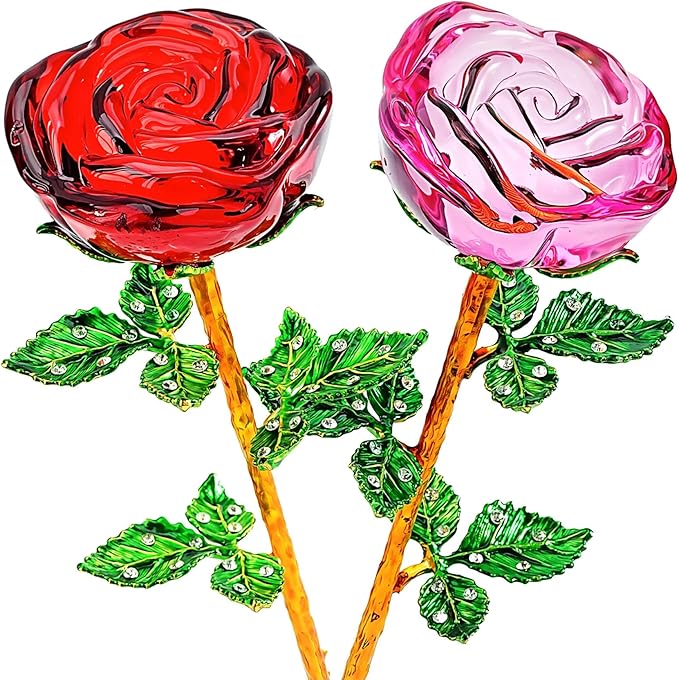 HDCRYSTALGIFTS 9.5'' Crystal Rose Flower Glass Pink and Rose Red Flower with Green Leaves for Wedding Anniversary/Wife, Romantic Forever Valentine's Gifts for Her (Pack of 2)