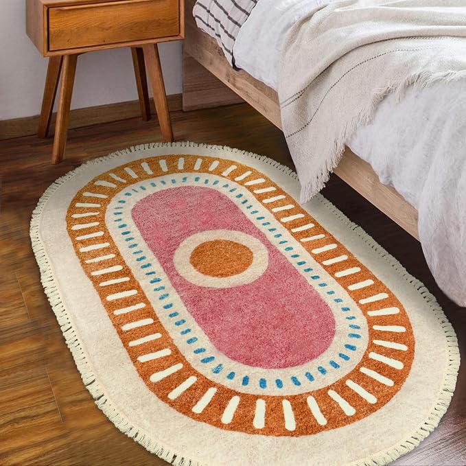 Lukinbox Boho Area Rugs for Living Room, 3x5 Oval Sun Machine Washable Bedroom Rug, Super Soft Non-Slip Orange Circular Rainbow Throw Rug for Entryway Kids Room Playroom Nursery Room Dinning Room