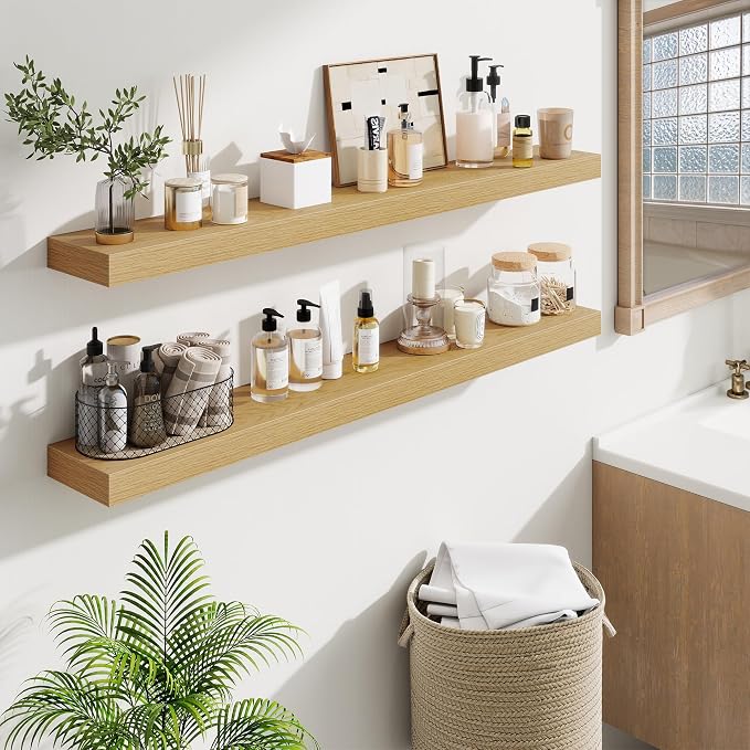 Fun Memories Floating Shelves 48 Inch, Extra Large Wood Shelf Set of 2, Hanging Wall Shelves for Bathroom, Living Room, Kitchen, Bedroom, Oak