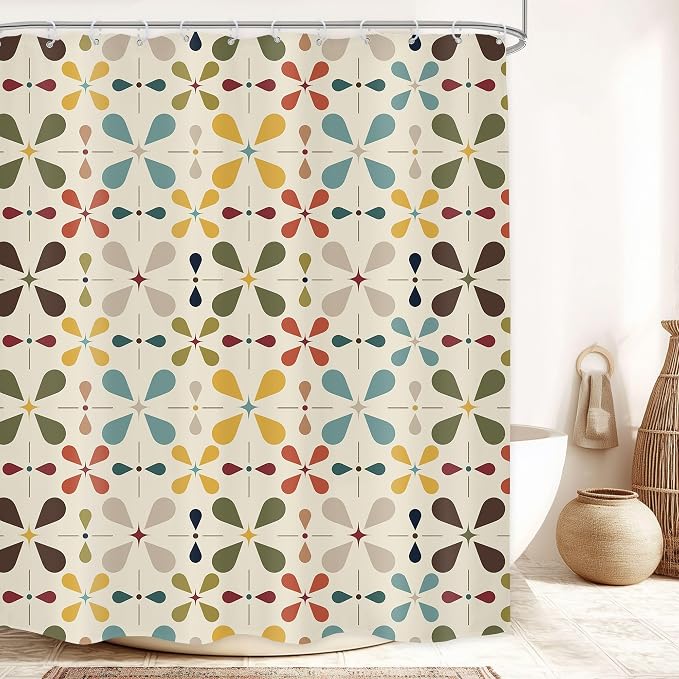 Boho Mid Century Shower Curtain Bathroom Set 60Wx71H Inches Modern Vintage Abstract Bohemian Colourful Geometric Retro Chic Bath Accessories for Girly Women Art Home Decor Fabric 12 Pack Hooks