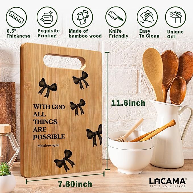Lacama Christian Gifts for Women Kitchen Cutting Board，Bow Cutting Board Appreciation Gift for Women Christmas Birthday, With God All Things Are Possible Chopping Boards for Her, Mom, Sister, Friends
