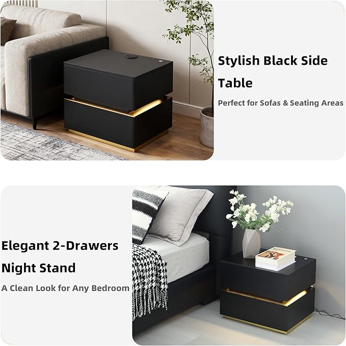 Black Nightstand, LED Fluted Night Stand with Charing Station, Small Nightstand 2 Drawers, Bedside Table with USB Ports, Modern End Side Table for Bedroom/Livingroom