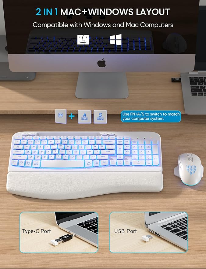 SABLUTE Wireless Keyboard and Mouse Combo - Ergonomic Wave Keyboard with Soft Leather Wrist Rest, Phone Holder, Rechargeable, RGB Backlit Mouse, Full-Size Set for Windows/Mac/Computer (White)