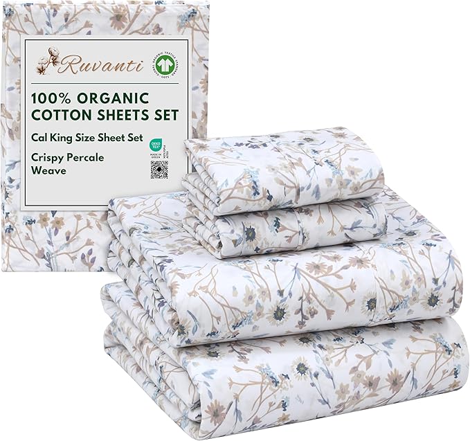 RUVANTI 100% Organic Cotton Sheets California King, Percale Weave, GOTS Certified, 4-Piece Set, Deep Pocket 13", Crisp & Breathable, Soft Durable Bedding, Sábanas Algodón Orgánico – Tranquil