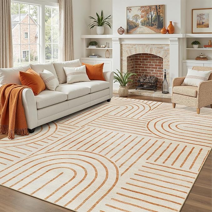 DCX Abstract Machine Washable 5x7 Rug, Orange Modern Accent Rug for Living Room, Soft Low Pile Non Slip Carpet, Kid & Pet Friendly Stain Resistant Rug for Bedroom Dining Room Office