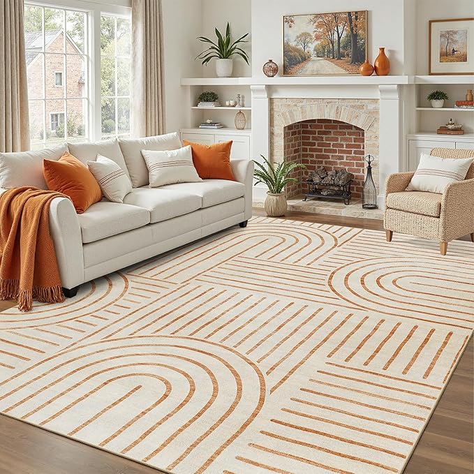 DCX Beige Machine Washable Area Rug 9x12, Midcentury Modern Non Slip Stain Resistant Rug 9x12 for Living Room, Playroom, Dining Room, Soft Low Pile Large Carpet