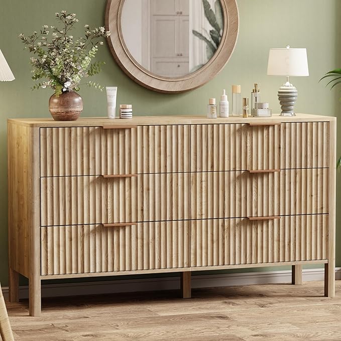 55" Wide Fluted 6 Drawer Dresser for Bedroom, Wooden Dresser Modern Chest of Drawers TV Stand Dressers with Organizer Storage for Bedroom, Living Room, Entryway, Hallway, Oak