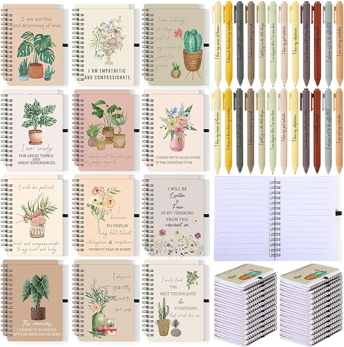 Kosiz 48 Pcs/24 Set Positive Affirmation Gifts Gratitude Spiral Notebooks with Pens Motivational Encouragement Notepads Daily Affirmations Journal for Women Valentine Galentine Gifts (Flower)