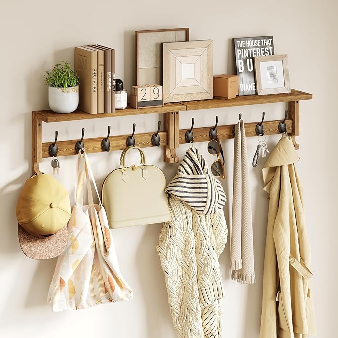 AMBIRD Coat Rack Wall Mounted with Shelf, Coat Hooks Wall Mounted, Wall Hooks for Hanging in Entryway, Living Room, Bathroom, Bedroom (Brown)
