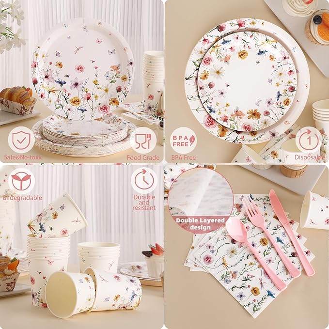 Wildflower Party Supplies Decorations 175PCS Floral Paper Plates and Napkins, Tea Party Plates and Cups Disposable Dinnerware Sets for Spring Butterfly Birthday Decorations, Serves 25