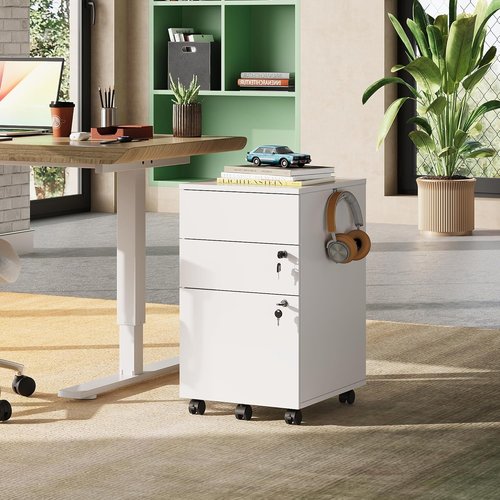 DEVAISE Mobile File Cabinet - 3 Drawer Rolling Storage with Lock | White Wood for Home Office, Fits Letter/Legal/A4 Size