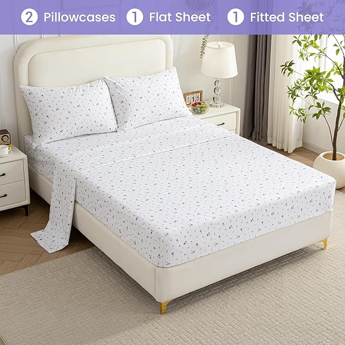 Softan Purple Floral King Bed Sheet Set, Cozy Microfiber Patterned Fitted Sheets with 15" Deep Pocket & Non-Slip Straps, Cute Purple Flower Printed Sheets & Pillowcase Set King