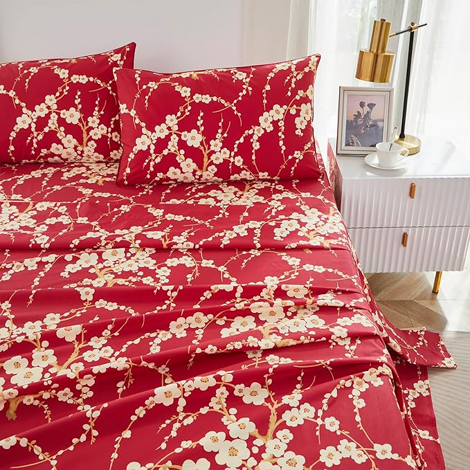 Brandream Sheets Set Twin Size Japanese Oriental Style Cherry Red Floral Blossom Branches Print Chinoiserie Bedsheets Pillowcases Set 100% Egyptian Cotton Sateen Botanical Tree Deep Pocket, 4 Pieces