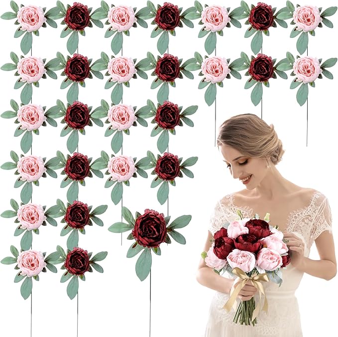 Zeyune 50Pcs Wedding Artificial Peonies 4 Inch Fake Silk Peony Faux Artificial Valentine Flower Bulk Rose Flower Head for Valentine Decoration Vintage Wedding Home Office (Burgundy and Pink)