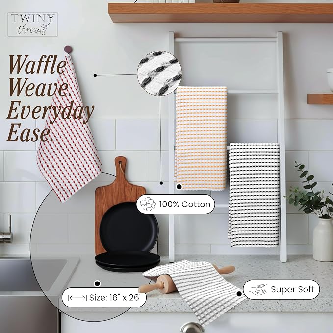 TWINY threads Multi Colors White Waffle Towels 4 Pack, 16x26 Inches Absorbent Waffle Weave Kitchen Dish Cloth Set, Soft, Durable & Machine Washable Tea Towel, Light Grey, Rust, Mustard Yellow, Black