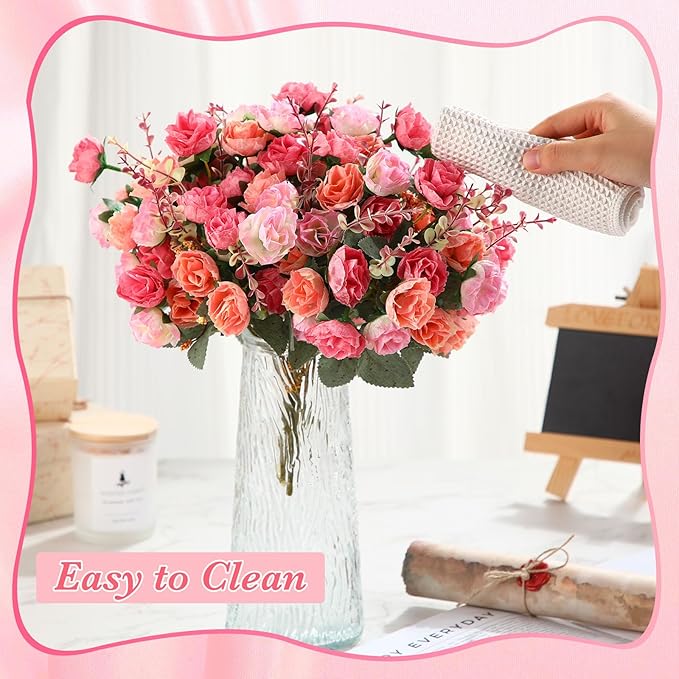 Geosar 16 Pcs Rose Artificial Flowers Fake Flowers Bouquet 21 Heads Silk Faux Floral Bundles with Stem for Home Bridal Wedding Arrangements Table Centerpieces Party Decor (Pink)
