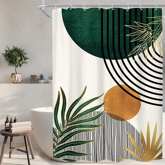 KOMLLEX Mid Century Green Boho Shower Curtain 48Wx72L Inches Abstract Modern Shower Curtains for Bathroom Decor Plant Botanical Minimalist Leaf Arch Sun Fabric Liner Waterproof Polyester 12 Pack Hooks