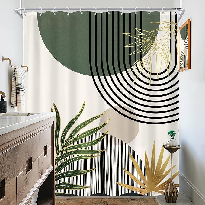 KOMLLEX Mid Century Green Boho Shower Curtain 72Wx84L Inches Abstract Modern Shower Curtains for Bathroom Gold Plant Botanical Minimalist Arch Sun Fabric Liner Waterproof Polyester 12 Pack Hooks