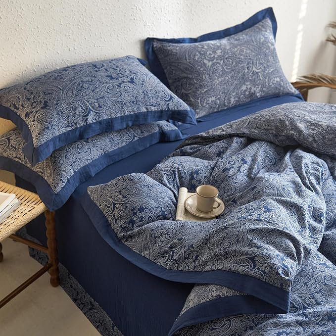 Navy Blue Duvet Cover Twin XL Vintage Boho Paisley Duvet Cover Exquisite Jacquard Bedding Set Cotton Linen Yarn-Dyed Textured Duvet Cover Cozy Breathable Floral Boho Bedding Comforter Cover Twin XL
