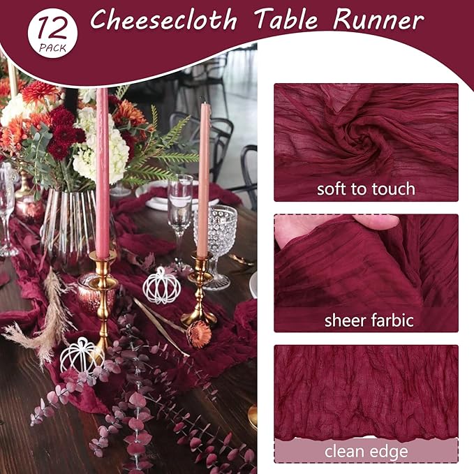 12 Pack 13Ft Cheesecloth Table Runner 35x157 Inch Boho Gauze Rustic Long Table Runner for Wedding Bridal Shower Birthday Party Table Decor (Burgundy)