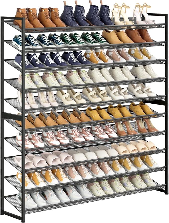 NEYCIL Large Shoe Rack 10 Tier Shoe Organizer, Heavy Duty Metal 5-Tier Stackable Shoe Storage Vertical Shoe Rack for Closet Front Door Entrance, Up to 62 Pairs, 44.8" W x 11.4" D x 71.2" H, Black