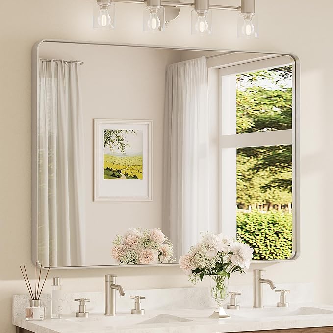 TETOTE 48 x 36 Inch Brushed Nickel Mirror for Bathroom Over Sink Metal Framed Mirror Modern Farmhouse for Living Room Entryway(Horizontal/Vertical)