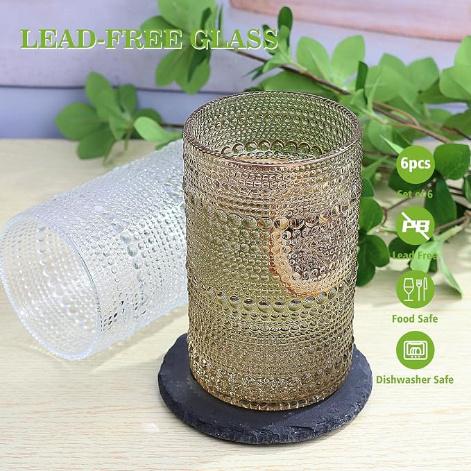 Hobnail-Drinking Glasses 13oz Vintage Glassware Sets Cocktail Juice Glasses Set of 6, Light Brown