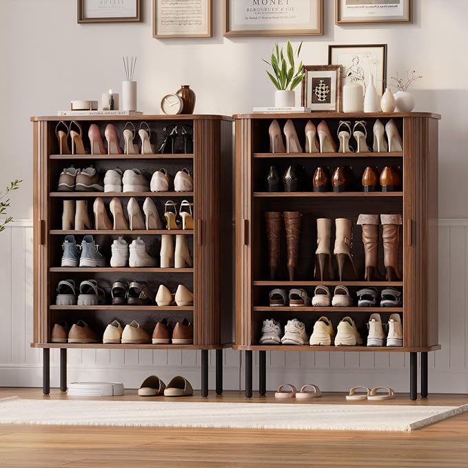 ONBRILL 6-Tier Shoe Cabinet with Sliding Door, Wooden Shoe Storage Cabinet with Adjustable Shelves, Mid-Century Modern Freestanding Shoe Storage Organizer for Entryway, Hallway, Living Room, Walnut