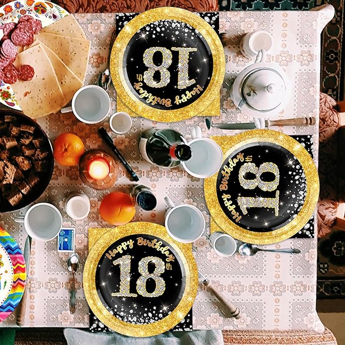 40Pcs 18th Birthday Decorations for Boys Girls Black and Gold Party Decorations for Birthdays Decor Happy Birthday Plates and Napkins Set Party Supplies for Men Women