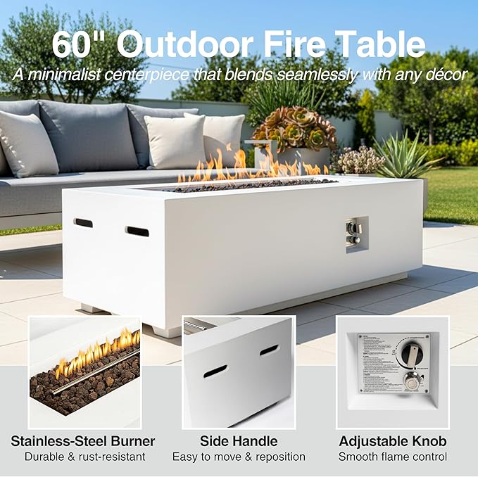 HillAethel 60-Inch Outdoor Gas Propane Fire Pit Table with Propane Tank Cover,Set-2-Piece,60,000 BTU Concrete Fire Pit with Free Rain Cover, Tank Seat, Lava Rocks, for Outside Patio Backyard,White