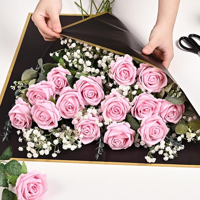 Waipfaru Pink Roses Artificial Flowers Bulk, Real Touch Velvet Roses with Wrapping Paper, 50 Pcs Fake Flowers for Wedding Centerpieces Bridal Bouquet Valentines Mothers Day Decor