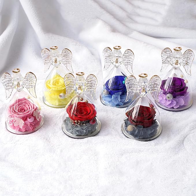 Yamonic Mom Birthday Gifts for Mom Grandma, Angel Figurines with Real Rose Gifts for Women Moms, Preserved Flowers Rose Glass Angel for Mothers Day Christmas Valentine's Day Gifts for Her(Purple)